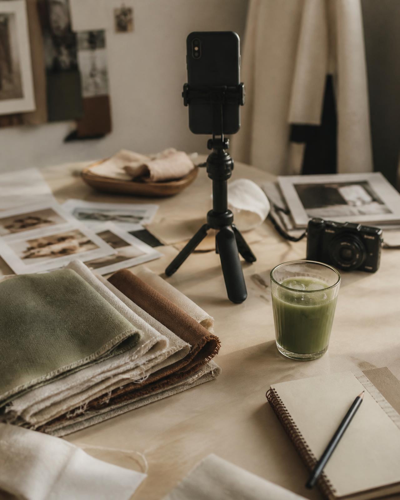Creator's desk with a phone on a tripod, camera, fabric swatches and matcha